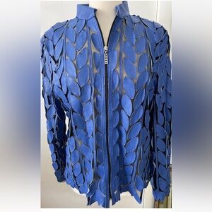 Y2K Genuine Leather Leaf Blue Mesh Zip Jacket